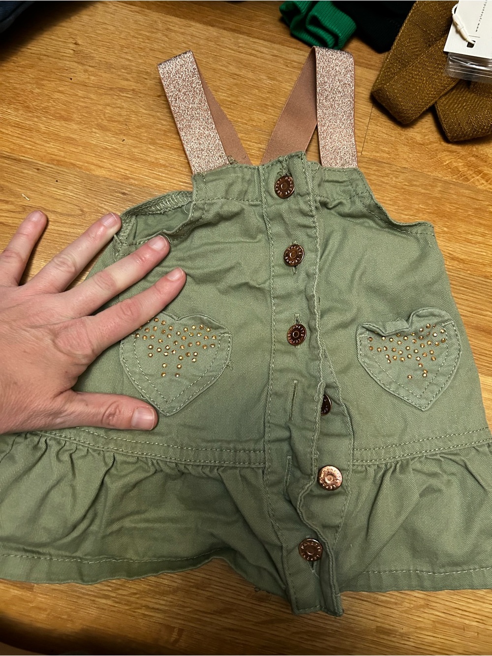 Nanette Lepore Olive Green Skirted Overalls with Shimmer Pink Straps